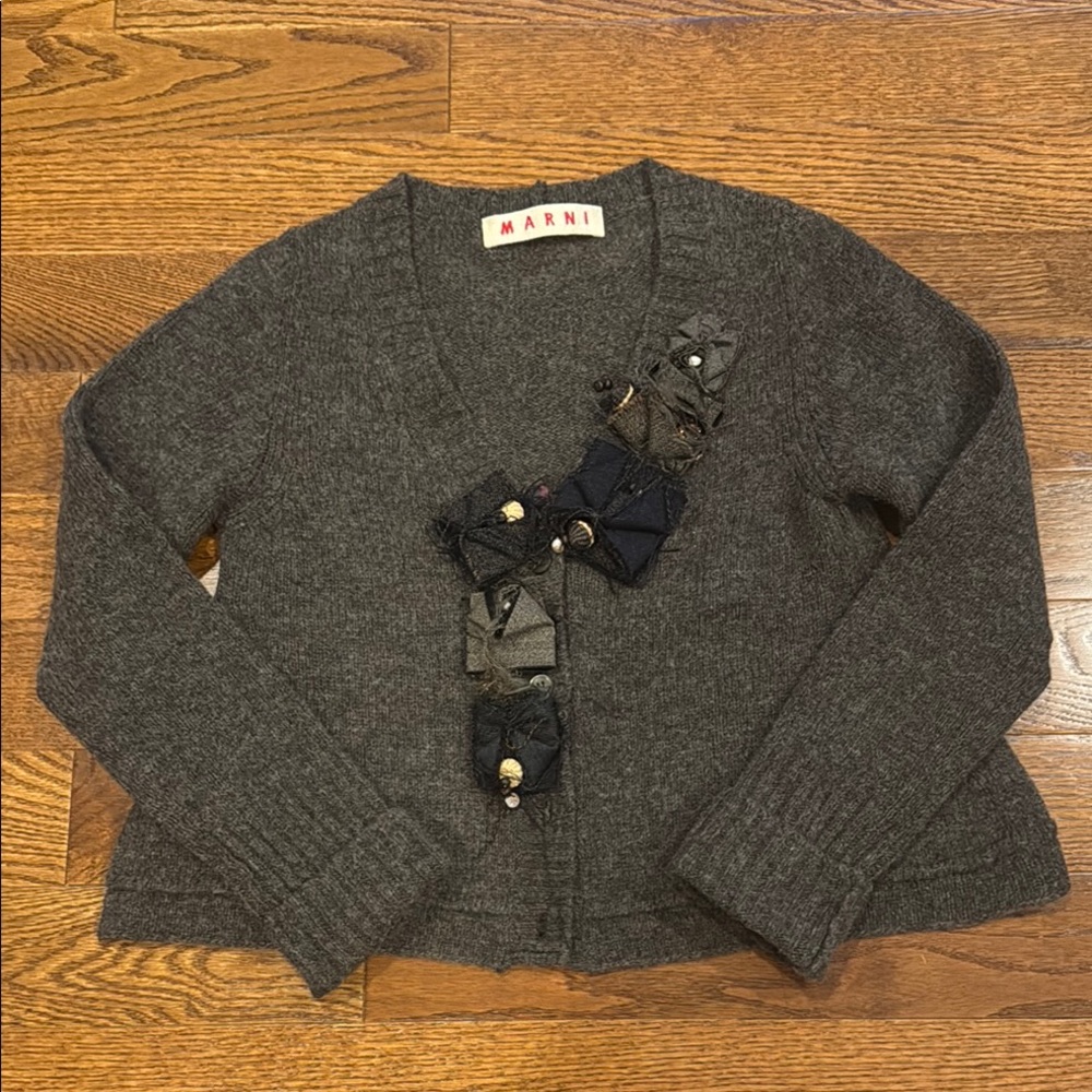 Marni Gray Wool Embellished V‑Neck Cardigan